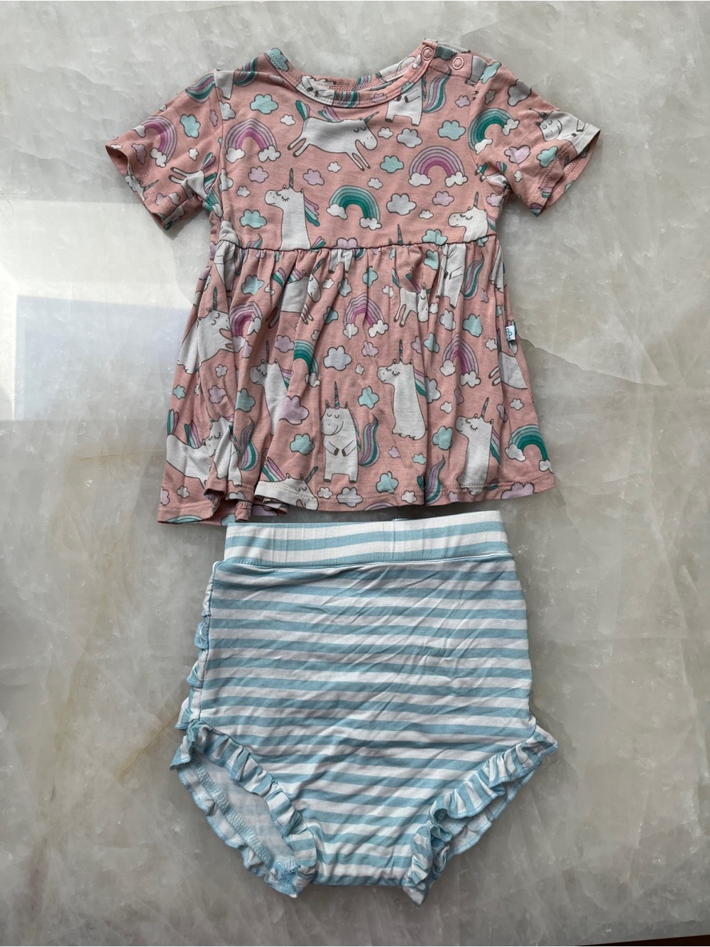 Posh Peanut Pink Unicorn Top with Light Blue Striped Bottoms